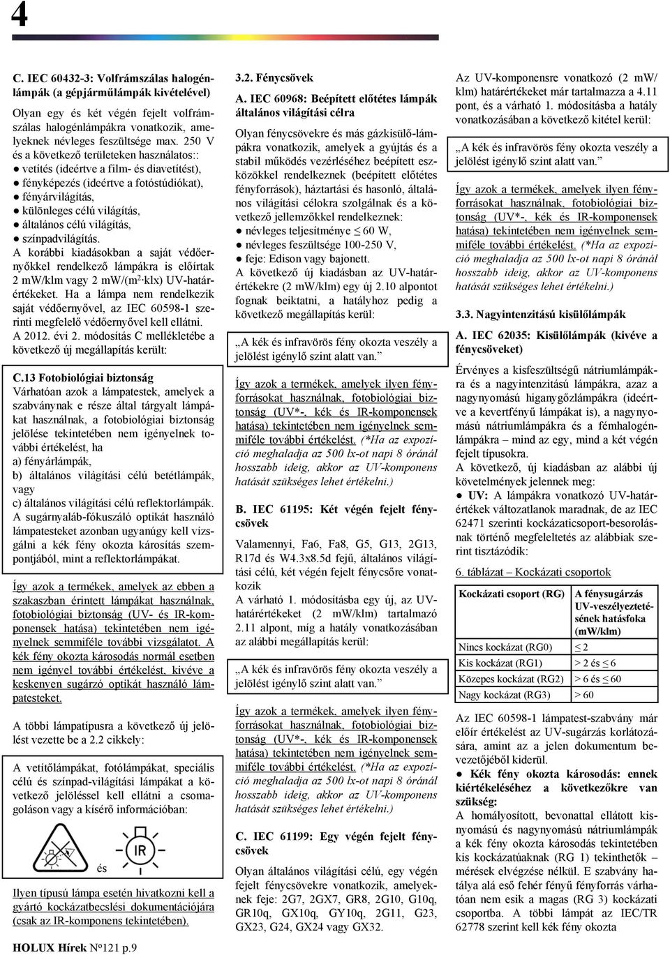 színpadvilágítás. A korábbi kiadásokban a saját védőernyőkkel rendelkező lámpákra is előírtak 2 mw/klm vagy 2 mw/(m 2 klx) UV-határértékeket.