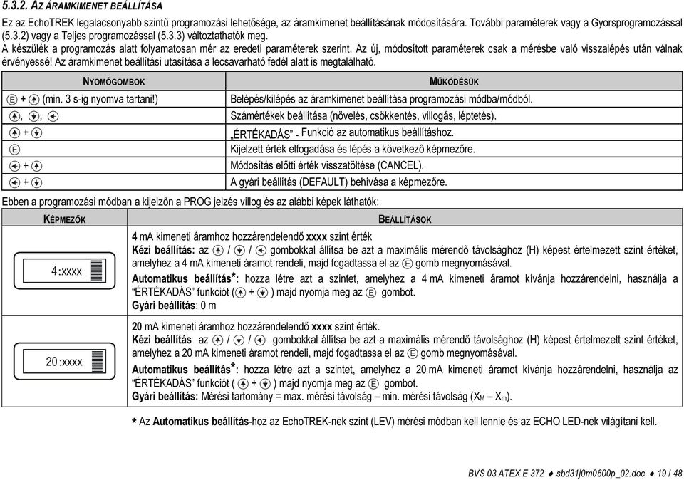 Az áramkimenet beállítási utasítása a lecsavarható fedél alatt is megtalálható. NYOMÓGOMBOK MŰKÖDÉSÜK E + (min. 3 s-ig nyomva tartani!