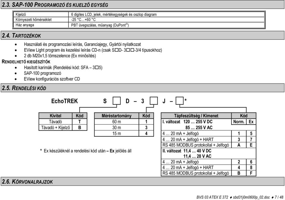 RENDELHETŐ KIEGÉSZÍTŐK Hasított karimák (Rendelési kód: SFA 3 5) SAP-100 programozó EView konfigurációs szoftver CD 2.5. RENDELÉSI KÓD EchoTREK S D 3 J * 2.6.