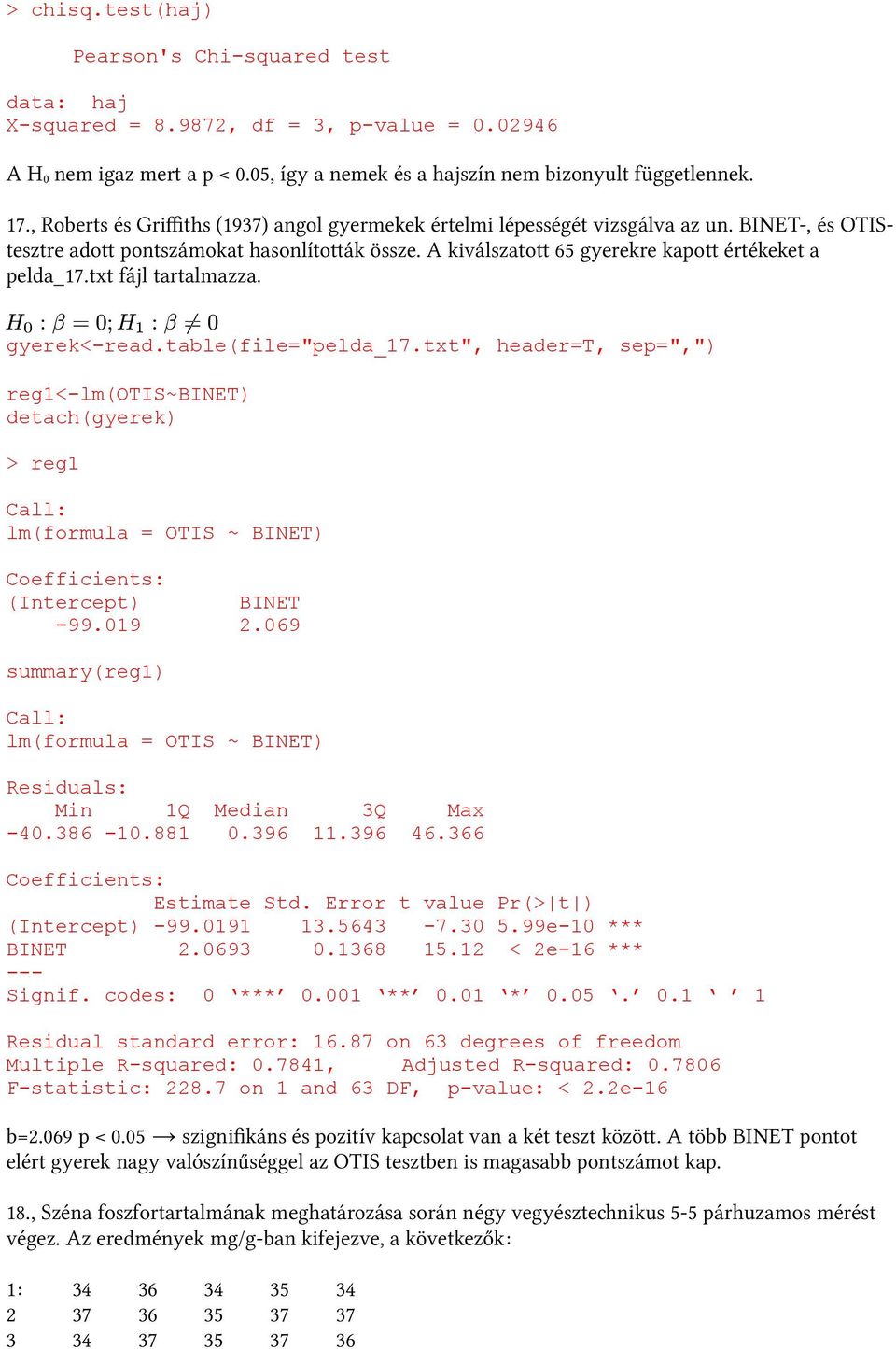 txt fájl tartalmazza. gyerek<-read.table(file="pelda_17.txt", header=t, sep=",") reg1<-lm(otis~binet) detach(gyerek) > reg1 Call: lm(formula = OTIS ~ BINET) Coefficients: (Intercept) BINET -99.019 2.