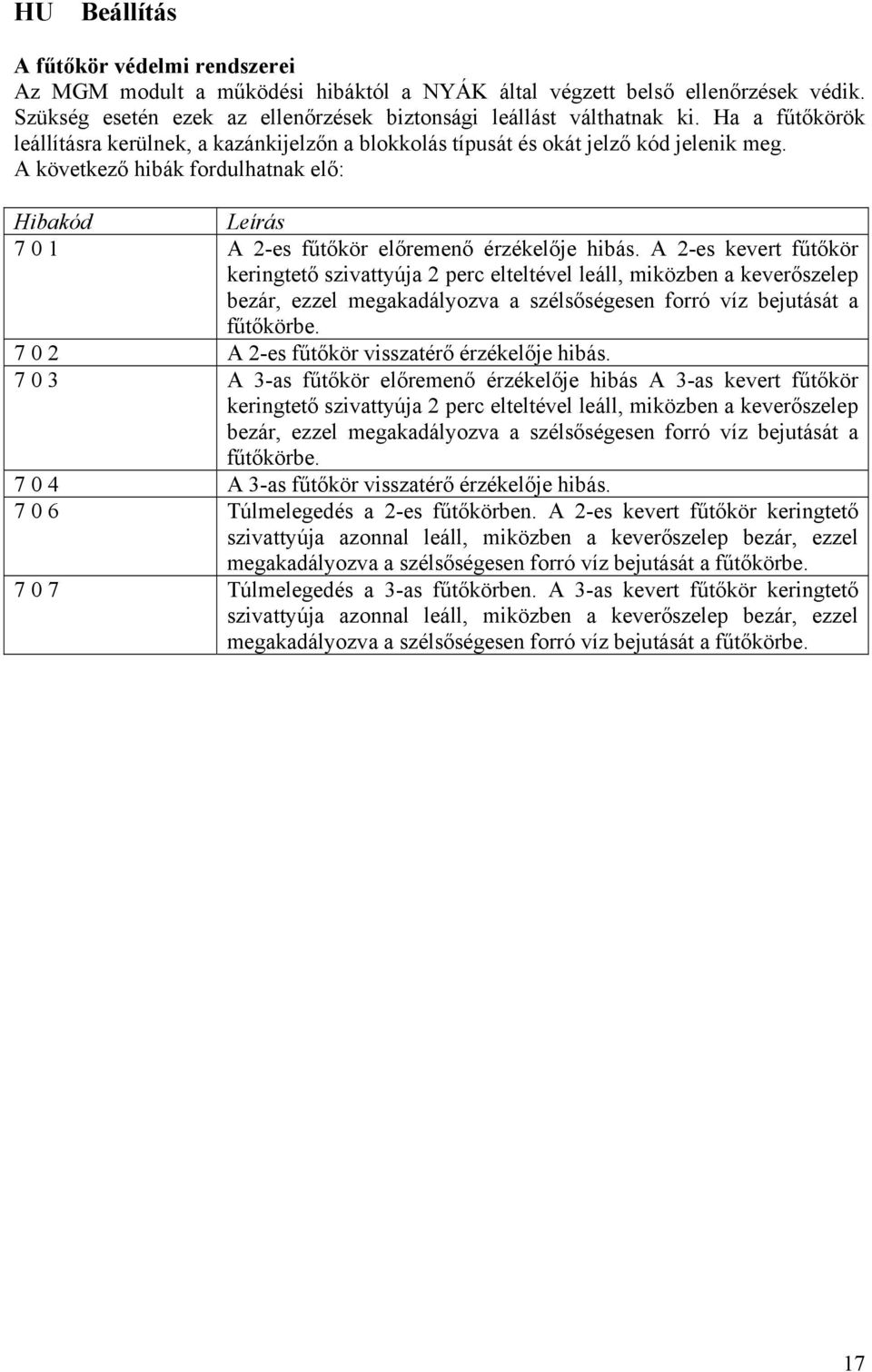 A következő hibák fordulhatnak elő: Hibakód Leírás 7 0 1 A 2-es fűtőkör előremenő érzékelője hibás.