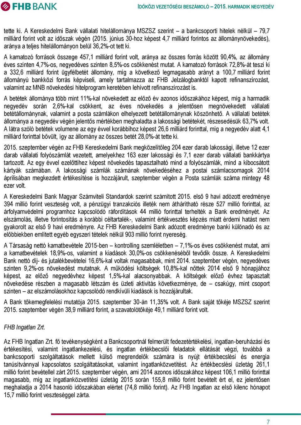 A kamatozó források összege 457,1 milliárd forint volt, aránya az összes forrás között 90,4%, az állomány éves szinten 4,7%-os, negyedéves szinten 8,5%-os csökkenést mutat.