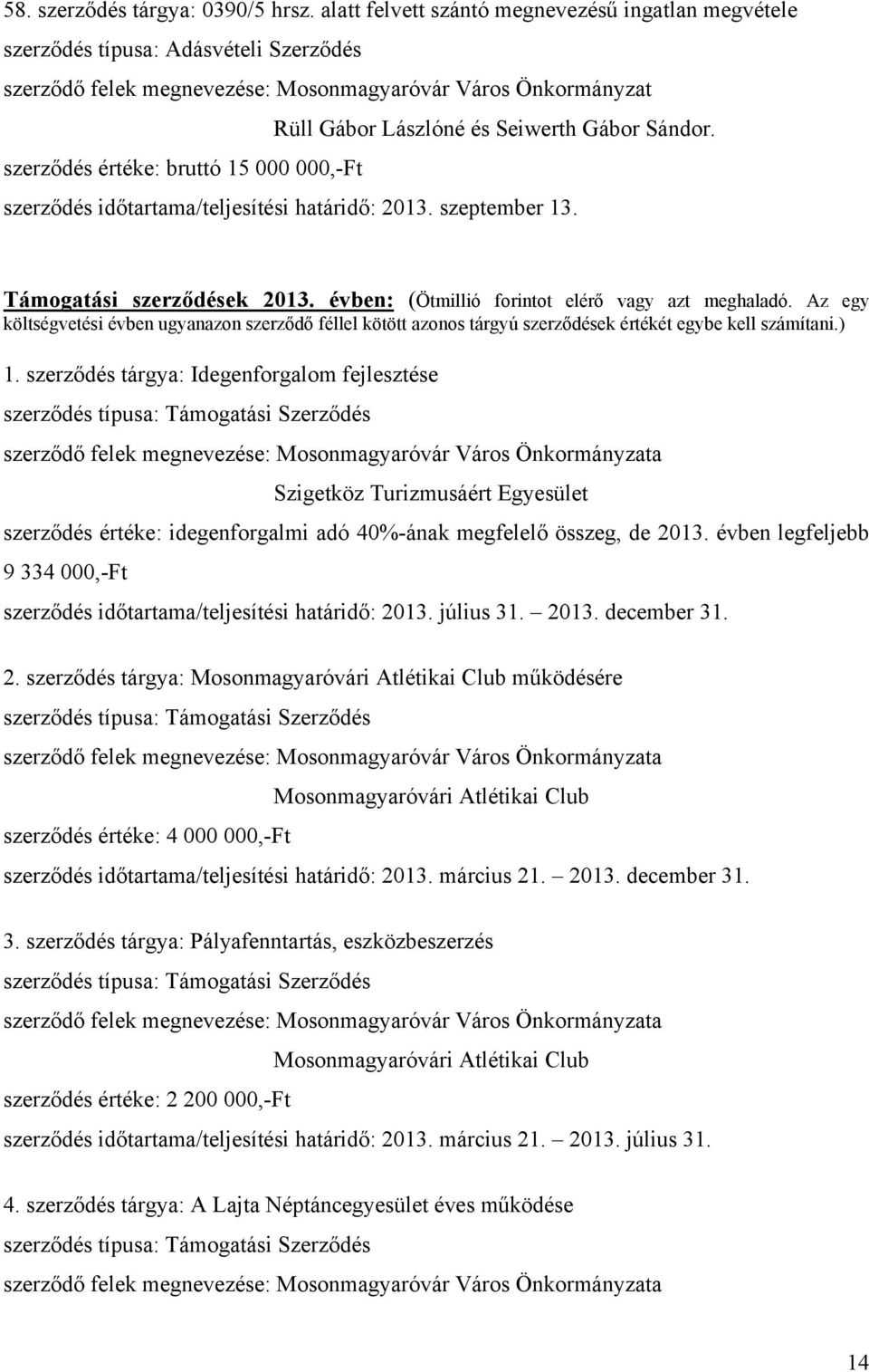 szerződés értéke: bruttó 15 000 000,-Ft szerződés időtartama/teljesítési határidő: 2013. szeptember 13. Támogatási szerződések 2013. évben: (Ötmillió forintot elérő vagy azt meghaladó.