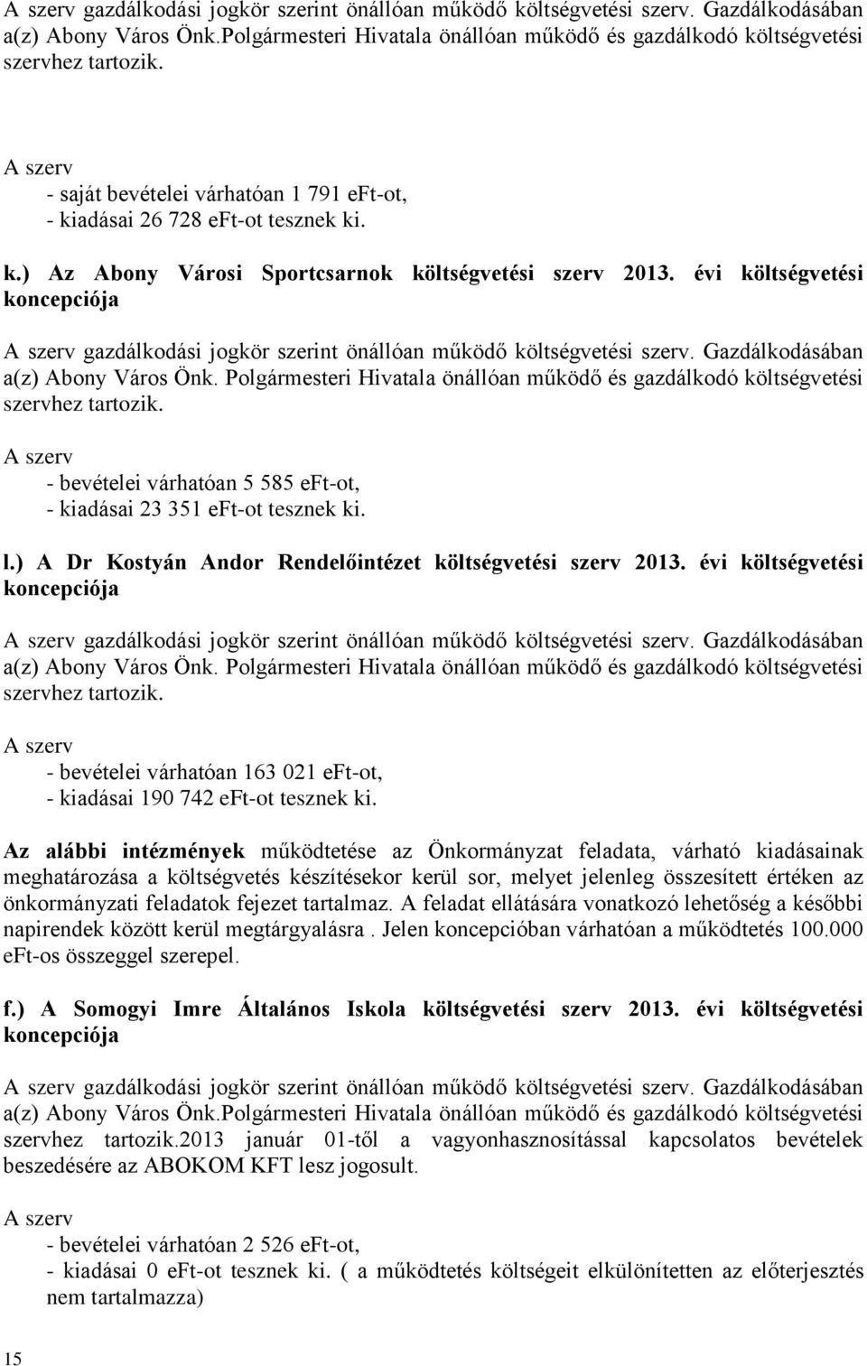 évi költségvetési koncepciója gazdálkodási jogkör szerint önállóan működő költségvetési szerv. Gazdálkodásában a(z) Abony Város Önk.