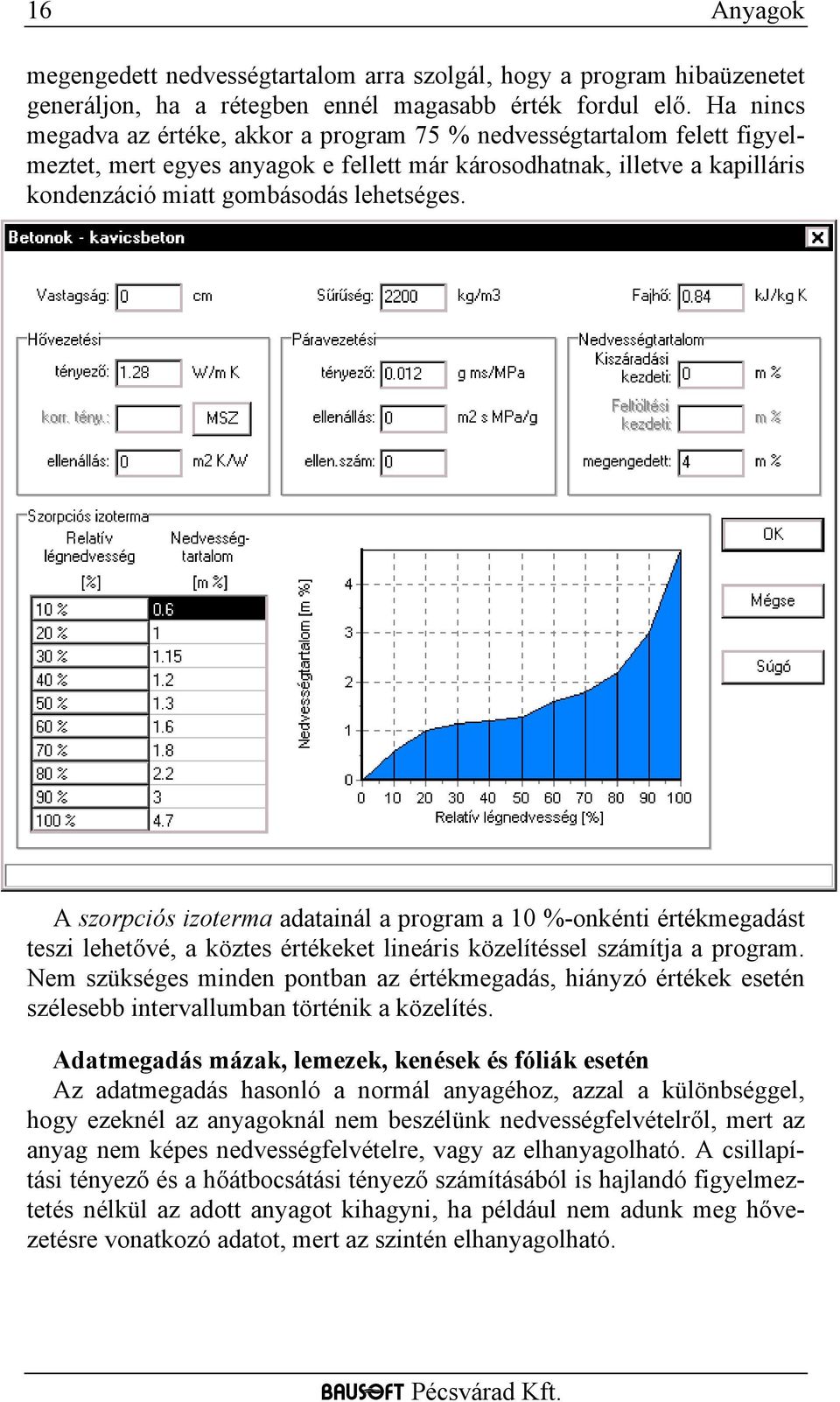 A szorpciós izoterma adatainál a program a 10 %-onkénti értékmegadást teszi lehetővé, a köztes értékeket lineáris közelítéssel számítja a program.