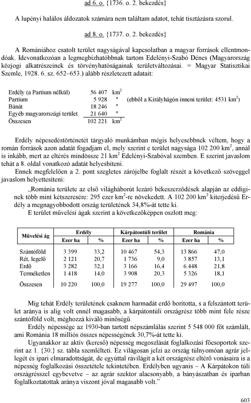 ) alább részletezett adatait: Erdély (a Partium nélkül) 56 407 km 2 Partium 5 928 " (ebbıl a Királyhágón inneni terület: 4531 km 2 ) Bánát 18 246 " Egyéb magyarországi terület 21 640 " Összesen 102