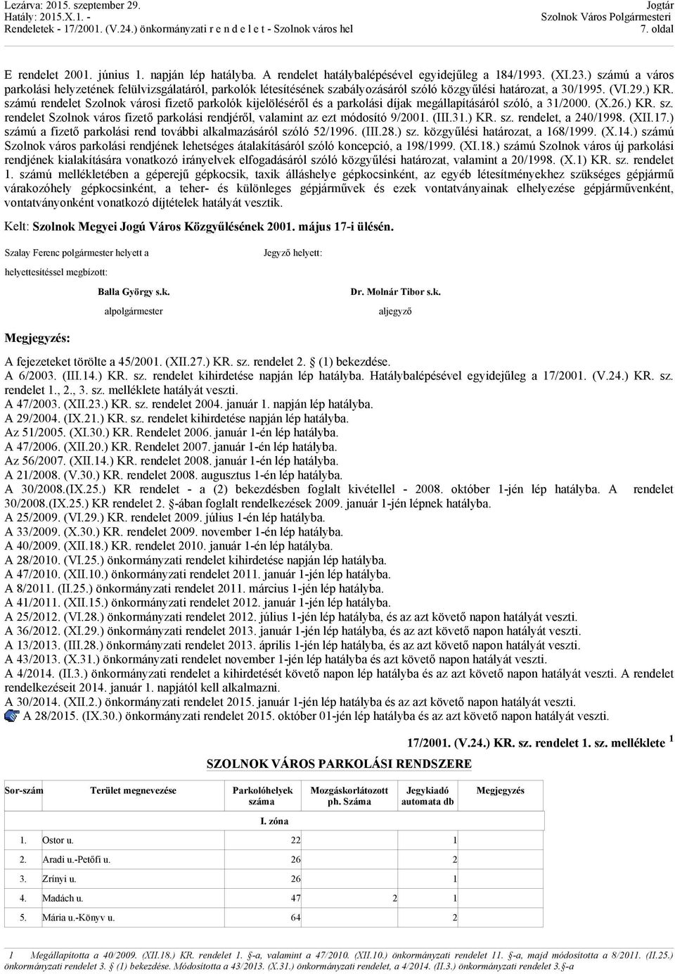 számú rendelet Szolnok városi fizető parkolók kijelöléséről és a parkolási díjak megállapításáról szóló, a 31/2000. (X.26.) KR. sz. rendelet Szolnok város fizető parkolási rendjéről, valamint az ezt módosító 9/2001.