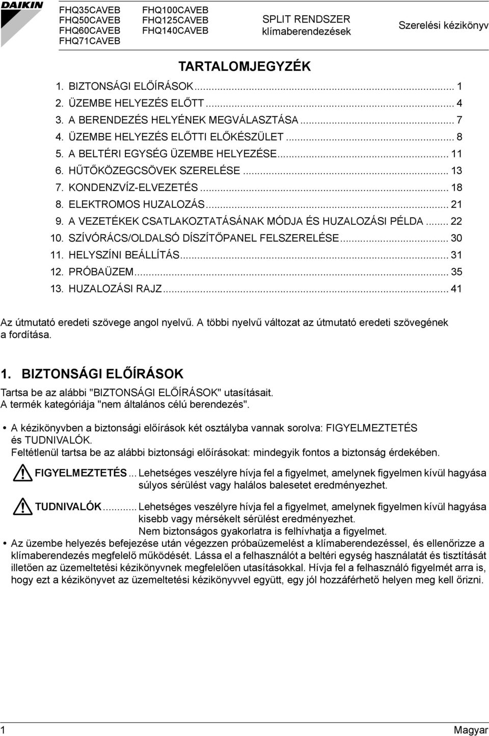 ELEKTROMOS HUZALOZÁS... 9. A VEZETÉKEK CSATLAKOZTATÁSÁNAK MÓDJA ÉS HUZALOZÁSI PÉLDA... 0. SZÍVÓRÁCS/OLDALSÓ DÍSZÍTŐPANEL FELSZERELÉSE... 0. HELYSZÍNI BEÁLLÍTÁS.... PRÓBAÜZEM... 5. HUZALOZÁSI RAJZ.