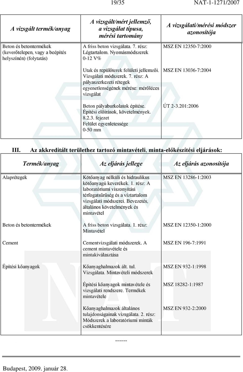 Építési elõírások, követelmények. 8.2.3. fejezet Felület egyenletessége 0-50 mm MSZ EN 12350-7:2000 MSZ EN 13036-7:2004 ÚT 2-3.201:2006 III.