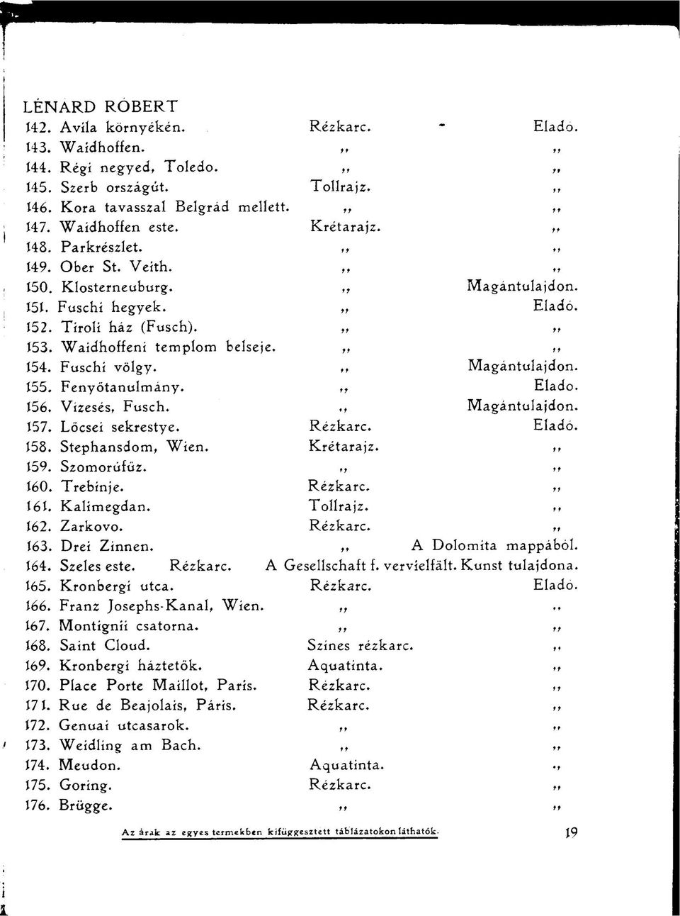 155. Fenyötanulmány.,, 156. Vízesés, Fusch.,, Magántulajdon. 157. Lőcsei sekrestye. Rézkarc. 158. Stephansdom, Wien. Krétarajz.,, 159. Szomorúfűz.,, >> 160. Trebinje. Rézkarc.,, 161. Kalimegdan.