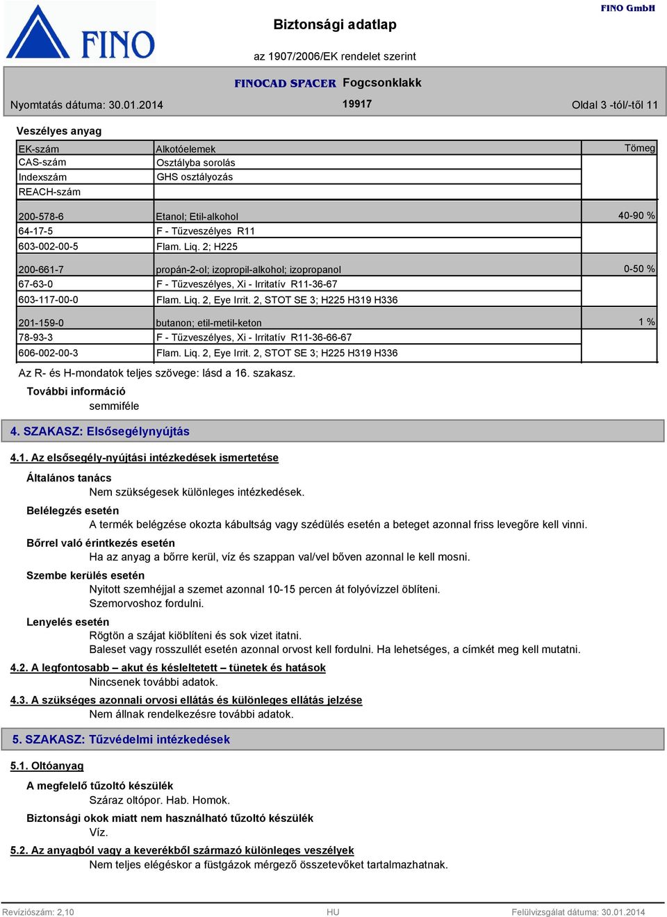 2, STOT SE ; H225 H19 H6 Tömeg 40-90 % 0-50 % 201-159-0 78-9- 606-002-00- butanon; etil-metil-keton F - Tűzveszélyes, Xi - Irritatív R11-6-66-67 Flam. Liq. 2, Eye Irrit.