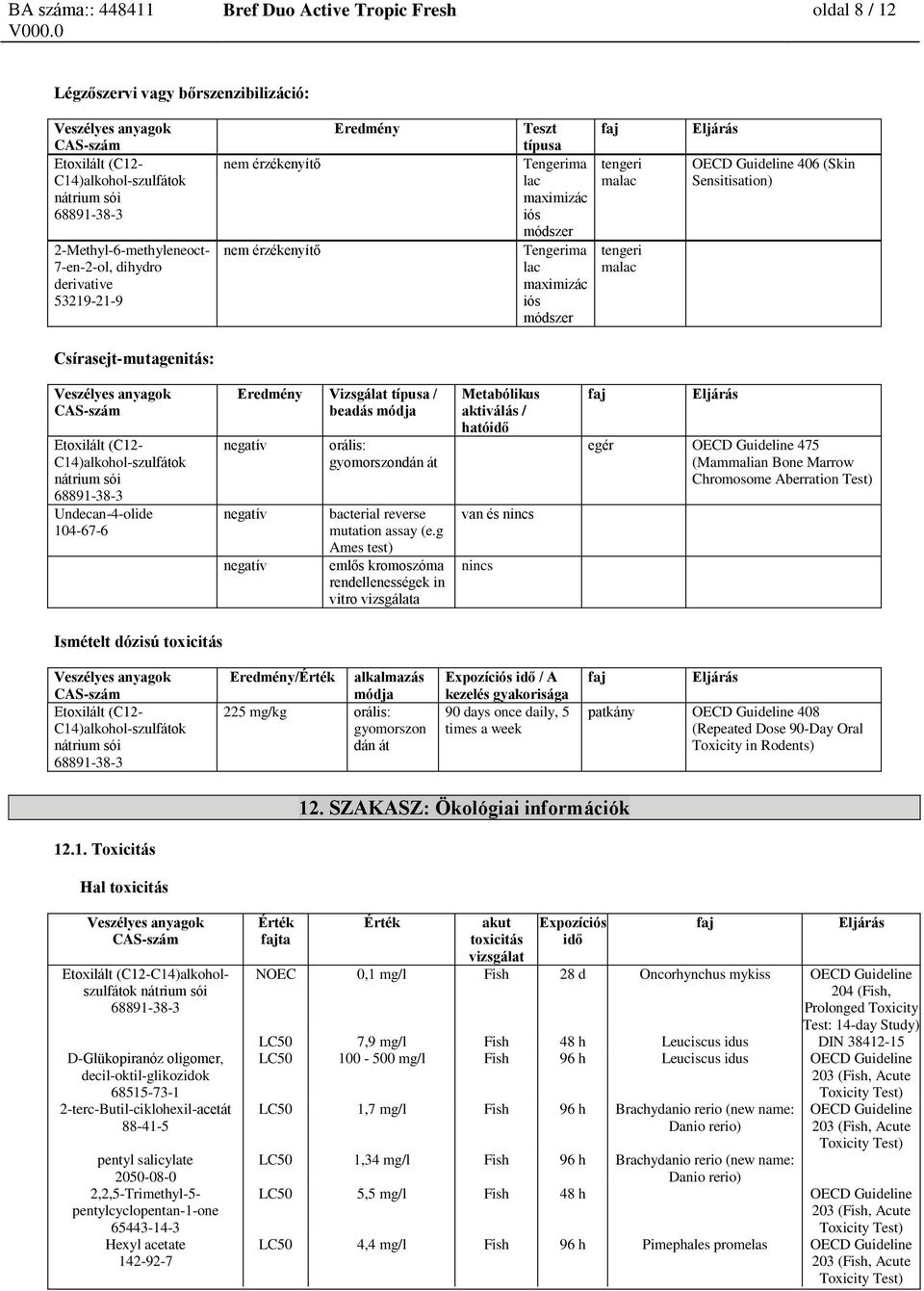 Etoxilált (C12- C14)alkohol-szulfátok Eredmény Vizsgálat típusa / beadás módja negatív negatív negatív orális: gyomorszondán át bacterial reverse mutation assay (e.