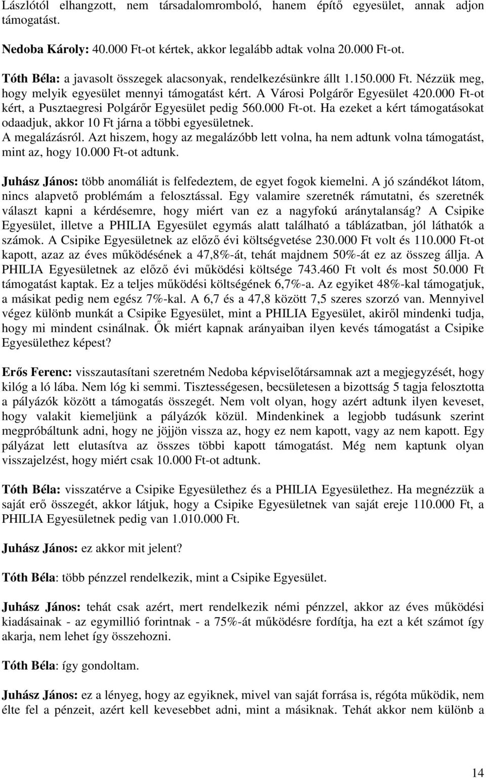 A megalázásról. Azt hiszem, hogy az megalázóbb lett volna, ha nem adtunk volna támogatást, mint az, hogy 10.000 Ft-ot adtunk. Juhász János: több anomáliát is felfedeztem, de egyet fogok kiemelni.