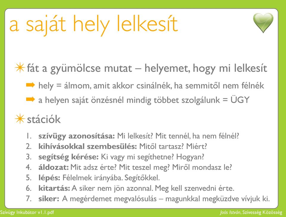 kihívásokkal szembesülés: Mitől tartasz? Miért? 3. segítség kérése: Ki vagy mi segíthetne? Hogyan? 4. áldozat: Mit adsz érte? Mit teszel meg?