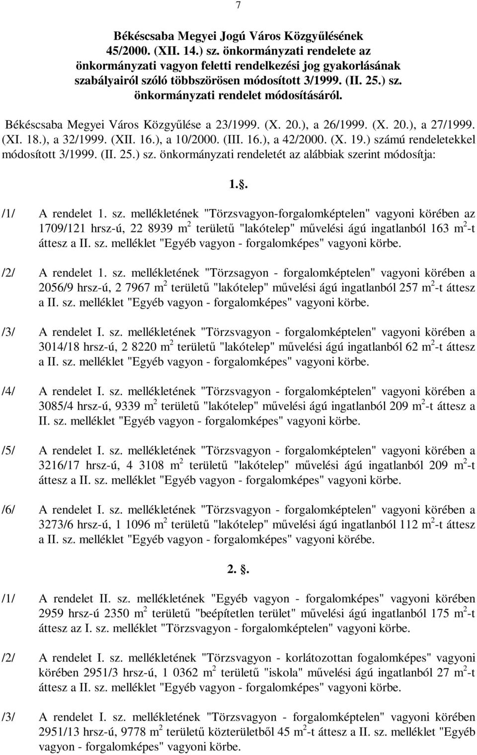 Békéscsaba Megyei Város Közgyűlése a 23/1999. (X. 20.), a 26/1999. (X. 20.), a 27/1999. (XI. 18.), a 32/1999. (XII. 16.), a 10/2000. (III. 16.), a 42/2000. (X. 19.