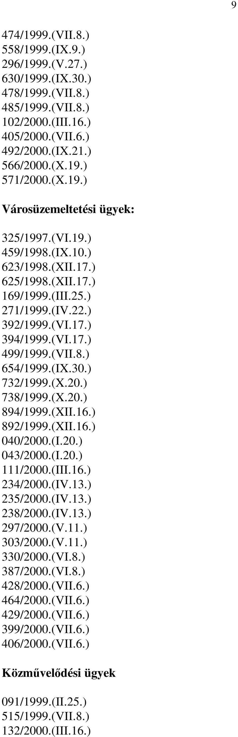 (X.20.) 894/1999.(XII.16.) 892/1999.(XII.16.) 040/2000.(I.20.) 043/2000.(I.20.) 111/2000.(III.16.) 234/2000.(IV.13.) 235/2000.(IV.13.) 238/2000.(IV.13.) 297/2000.(V.11.) 303/2000.(V.11.) 330/2000.(VI.