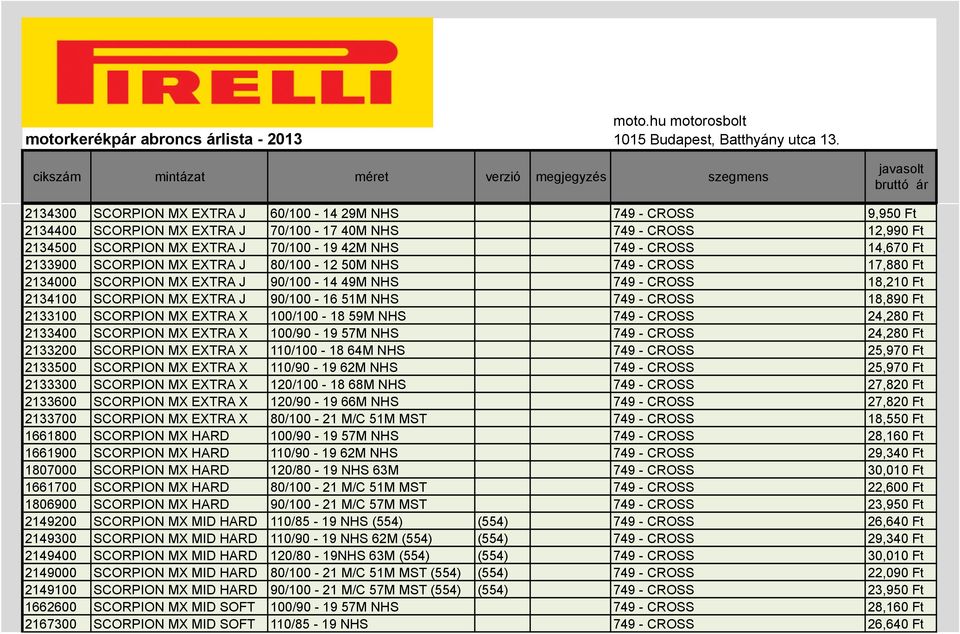 18,890 Ft 2133100 SCORPION MX EXTRA X 100/100-18 59M NHS 749 - CROSS 24,280 Ft 2133400 SCORPION MX EXTRA X 100/90-19 57M NHS 749 - CROSS 24,280 Ft 2133200 SCORPION MX EXTRA X 110/100-18 64M NHS 749 -