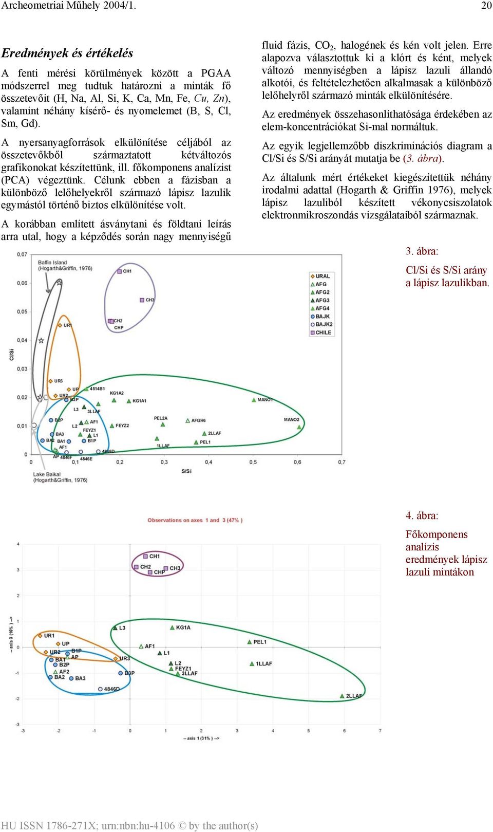 nyomelemet (B, S, Cl, Sm, Gd). A nyersanyagforrások elkülönítése céljából az összetevőkből származtatott kétváltozós grafikonokat készítettünk, ill. főkomponens analízist (PCA) végeztünk.