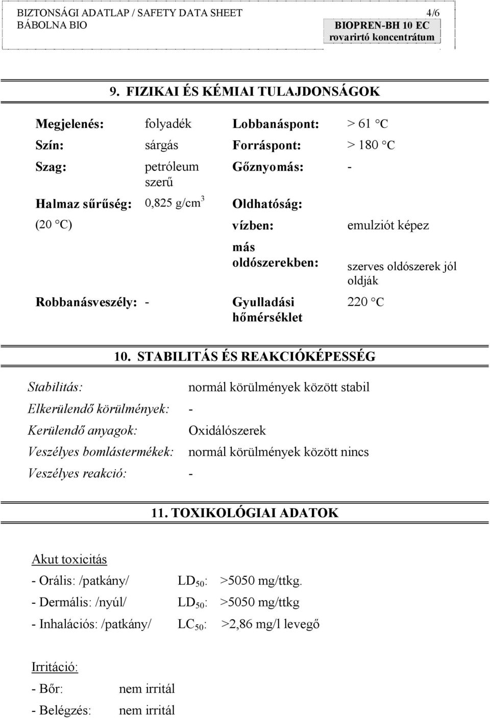 Oldhatóság: vízben: más oldószerekben: Gyulladási hőmérséklet emulziót képez szerves oldószerek jól oldják 220 C 10.