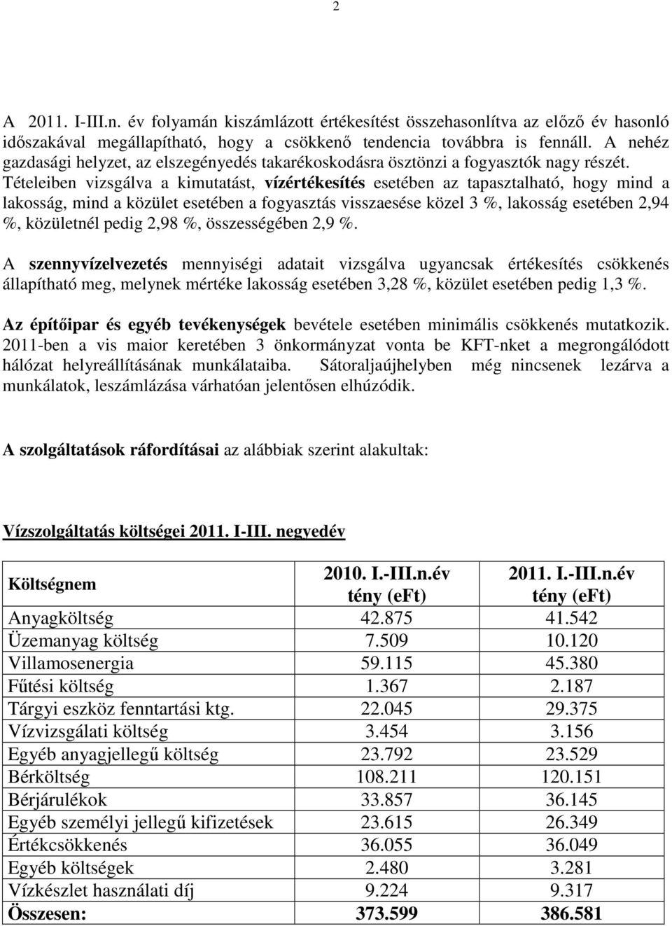 Tételeiben vizsgálva a kimutatást, vízértékesítés esetében az tapasztalható, hogy mind a lakosság, mind a közület esetében a fogyasztás visszaesése közel 3 %, lakosság esetében 2,94 %, közületnél