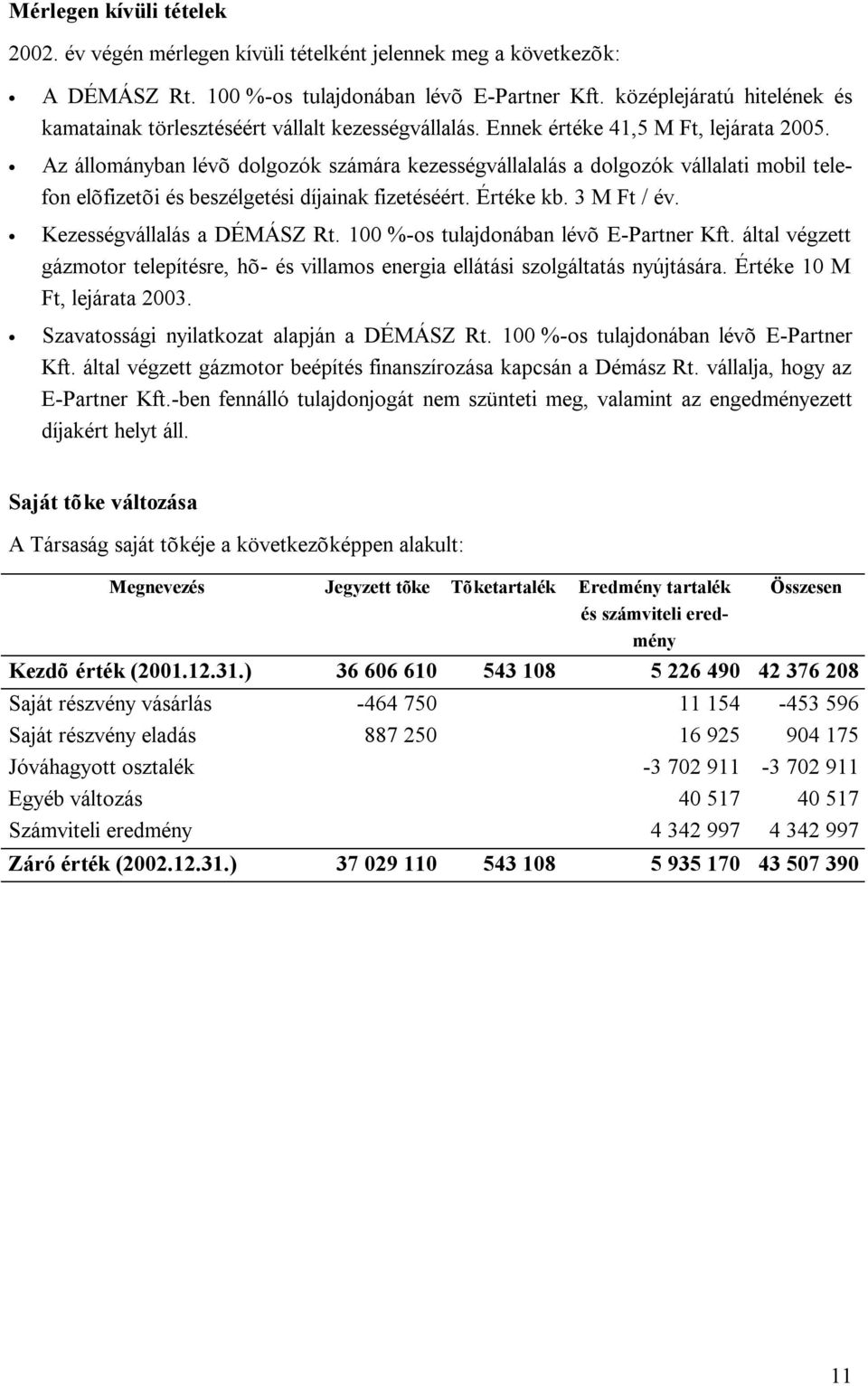 Az állományban lévõ dolgozók számára kezességvállalalás a dolgozók vállalati mobil telefon elõfizetõi és beszélgetési díjainak fizetéséért. Értéke kb. 3 M Ft / év. Kezességvállalás a DÉMÁSZ Rt.
