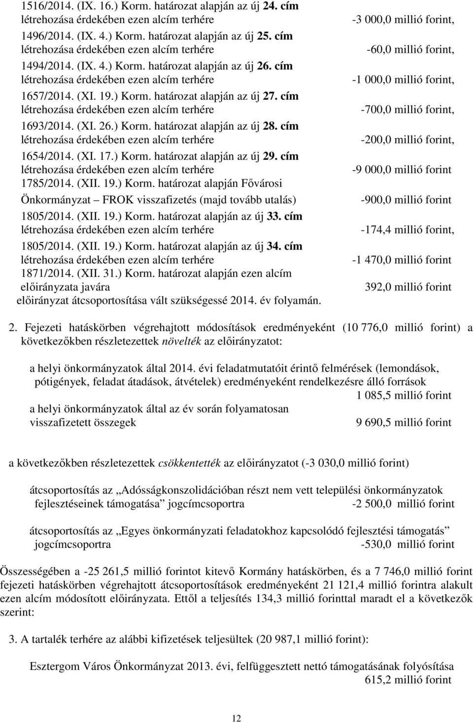 (XII. 19.) Korm. határozat alapján az új 33. cím 1805/2014. (XII. 19.) Korm. határozat alapján az új 34. cím 1871/2014. (XII. 31.) Korm. határozat alapján ezen alcím előirányzata javára előirányzat átcsoportosítása vált szükségessé 2014.