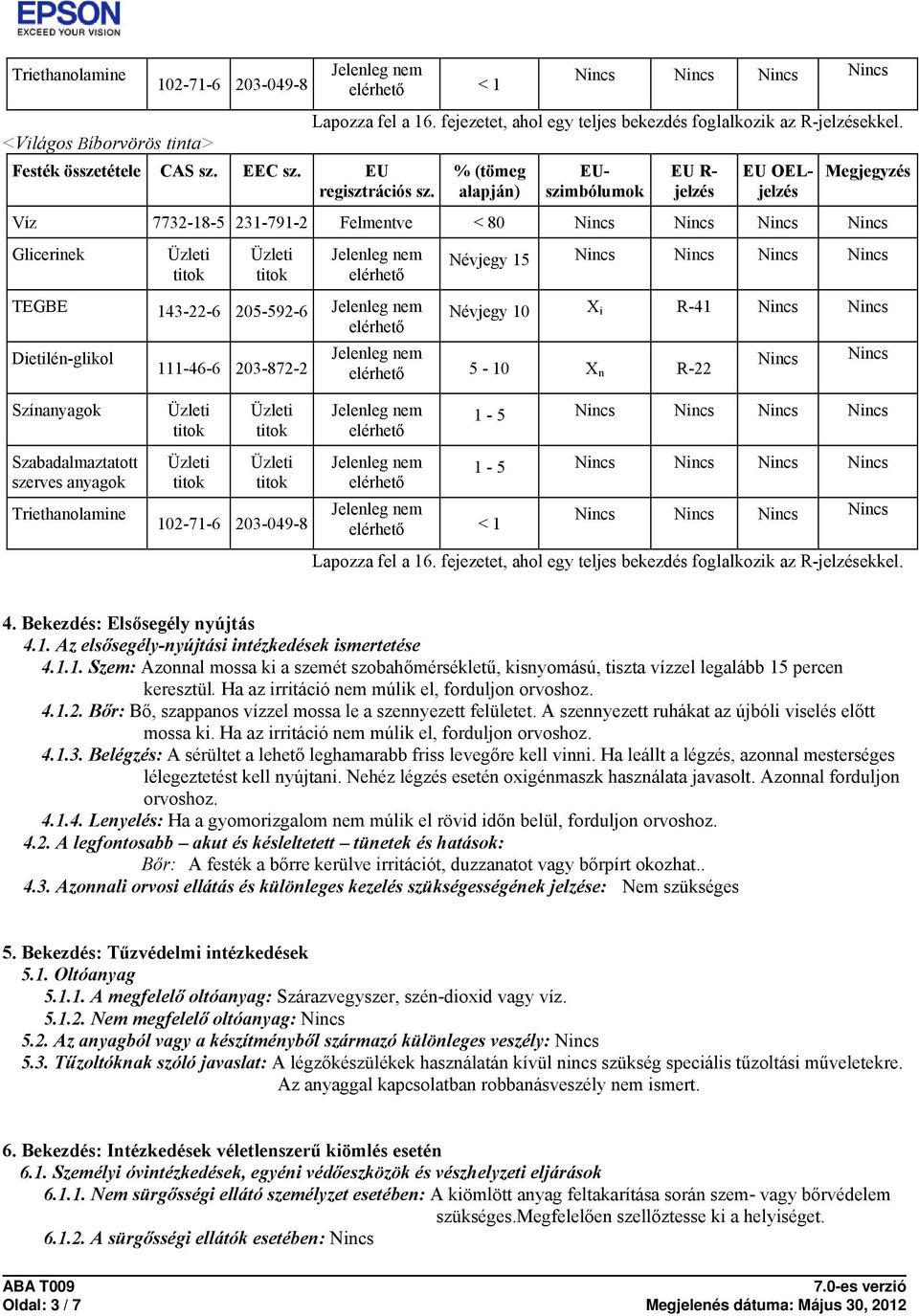 Színanyagok < 1 1-5 1-5 Lapozza fel a 16. fejezetet, ahol egy teljes bekezdés foglalkozik az R-ekkel. 4. Bekezdés: Elsősegély nyújtás 4.1. Az elsősegély-nyújtási intézkedések ismertetése 4.1.1. Szem: Azonnal mossa ki a szemét szobahőmérsékletű, kisnyomású, tiszta vízzel legalább 15 percen keresztül.