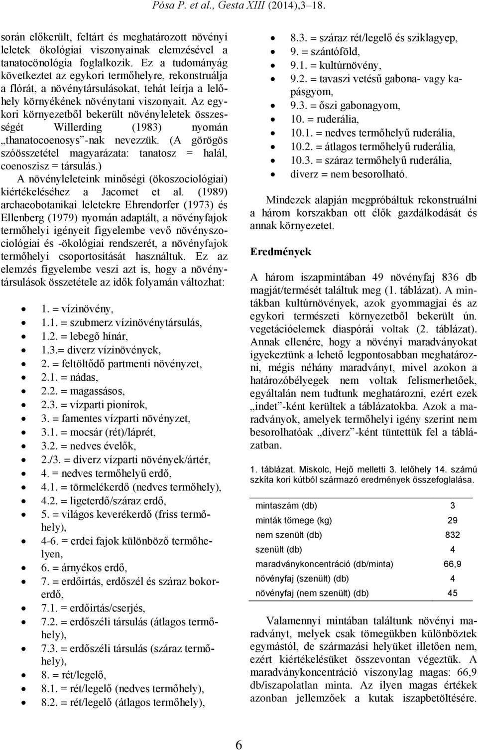 Az egykori környezetből bekerült növényleletek összességét Willerding (1983) nyomán thanatocoenosys -nak nevezzük. (A görögös szóösszetétel magyarázata: tanatosz = halál, coenoszisz = társulás.