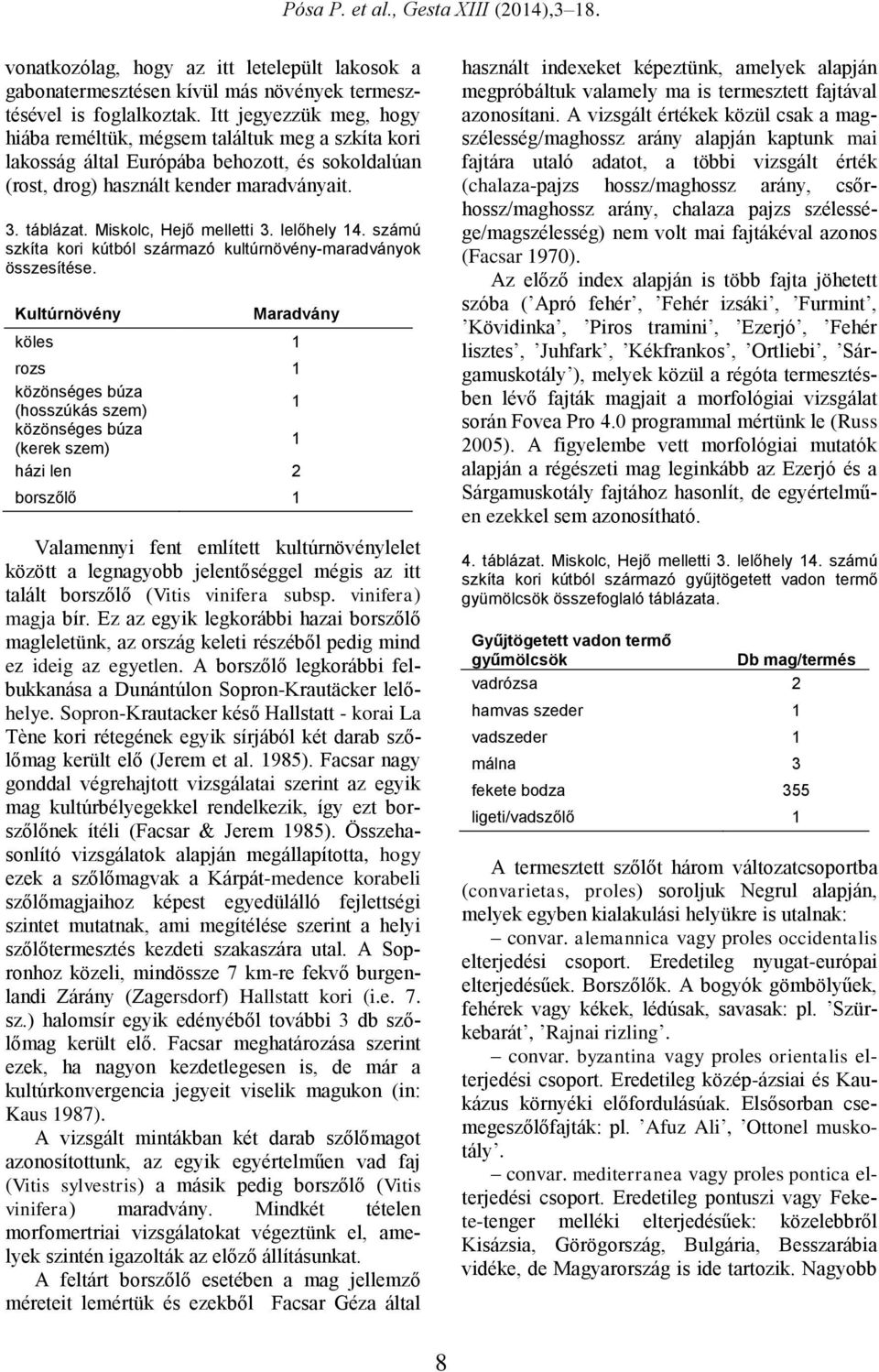 Miskolc, Hejő melletti 3. lelőhely 14. számú szkíta kori kútból származó kultúrnövény-maradványok összesítése.