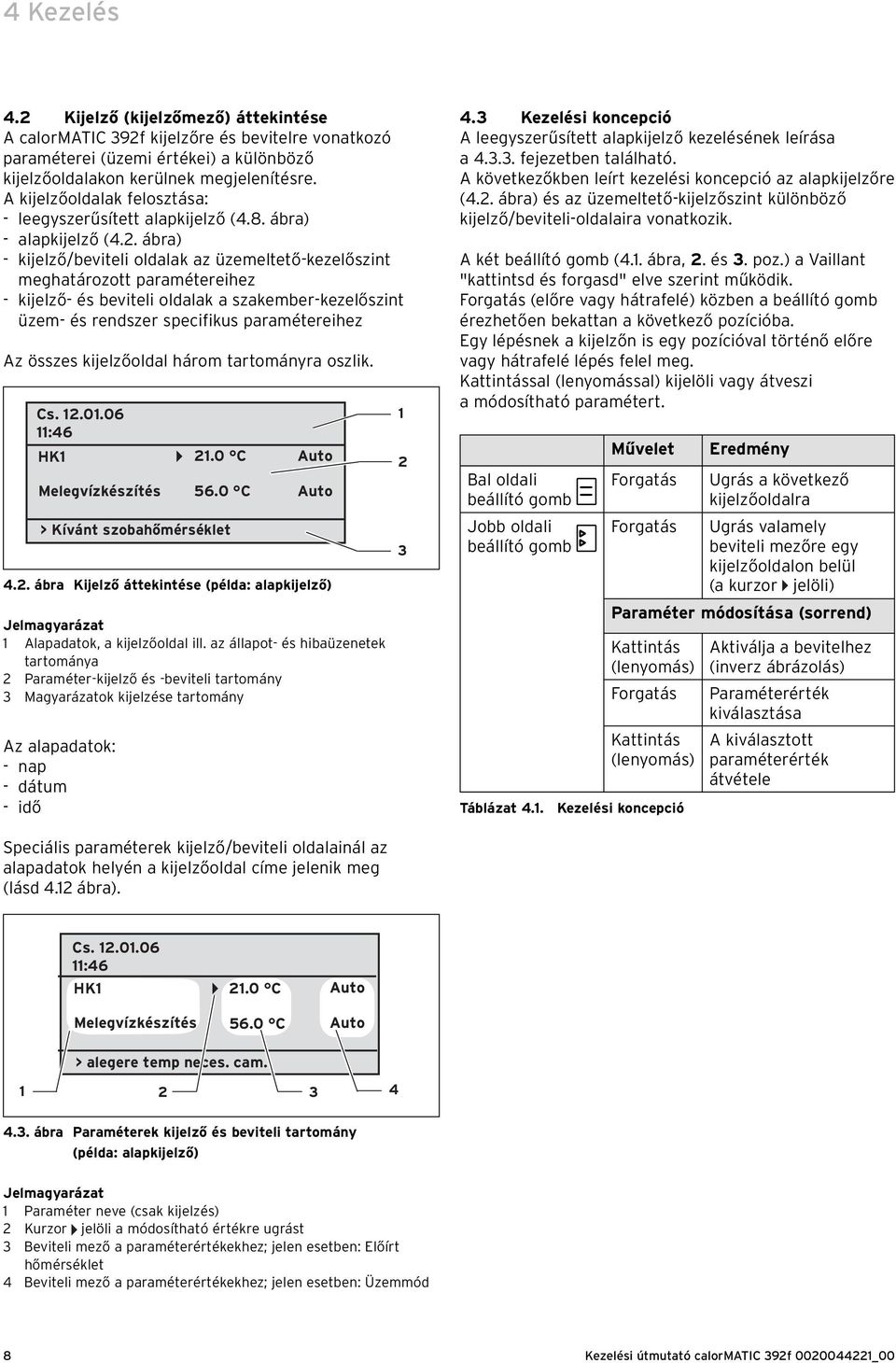 ábra) - kijelző/beviteli oldalak az üzemeltető-kezelőszint megatározott paramétereiez - kijelző- és beviteli oldalak a szakember-kezelőszint üzem- és rendszer specifikus paramétereiez Az összes