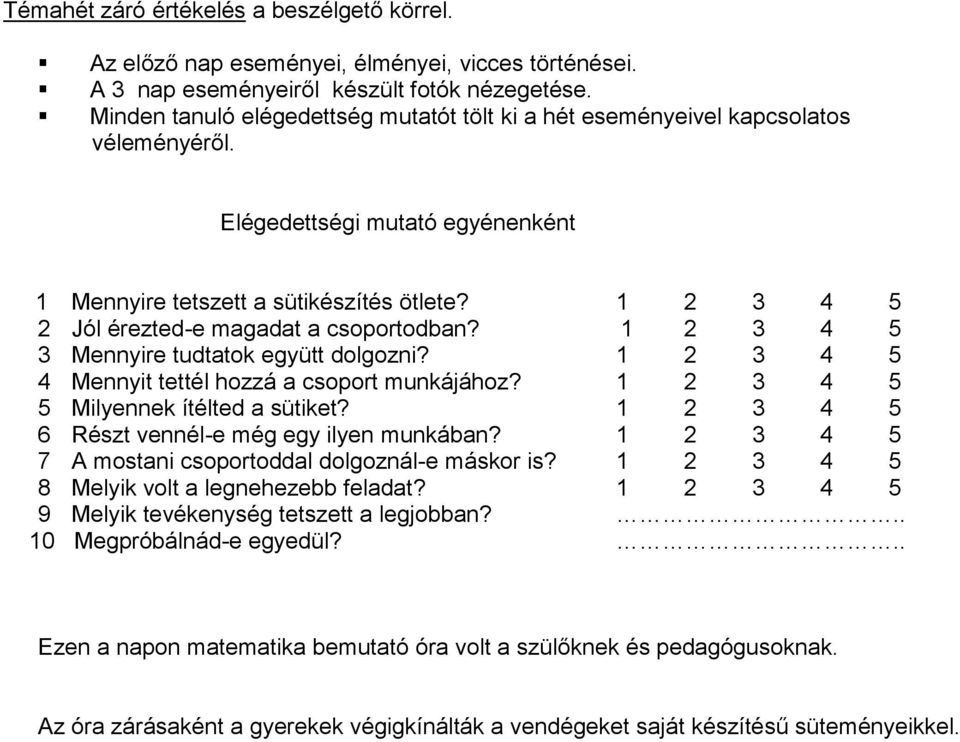 1 2 3 4 5 2 Jól érezted-e magadat a csoportodban? 1 2 3 4 5 3 Mennyire tudtatok együtt dolgozni? 1 2 3 4 5 4 Mennyit tettél hozzá a csoport munkájához? 1 2 3 4 5 5 Milyennek ítélted a sütiket?