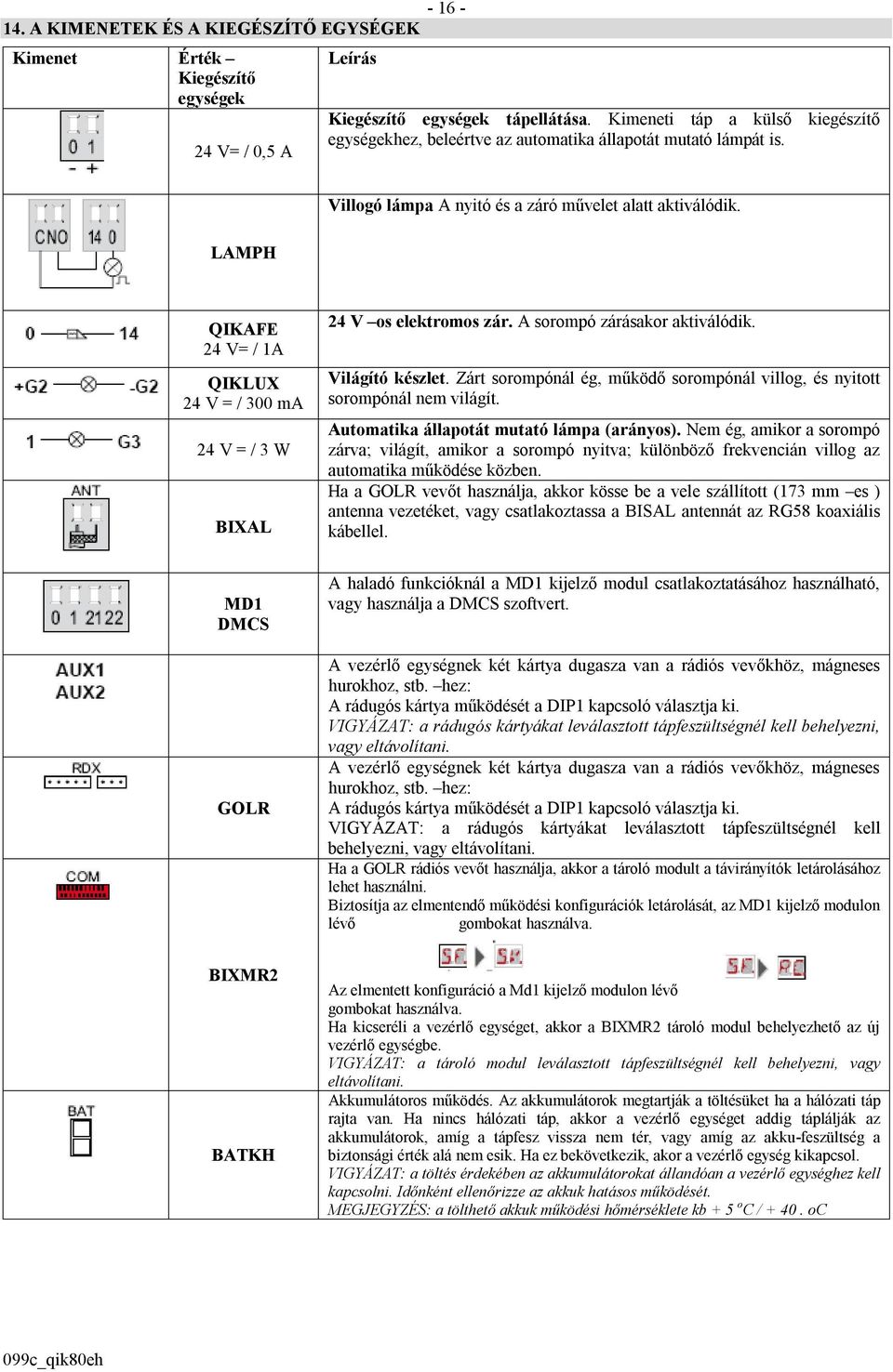 QIKAFE 24 V= / 1A QIKLUX 24 V = / 300 ma 24 V = / 3 W BIXAL MD1 DMCS GOLR 24 V os elektromos zár. A sorompó zárásakor aktiválódik. Világító készlet.