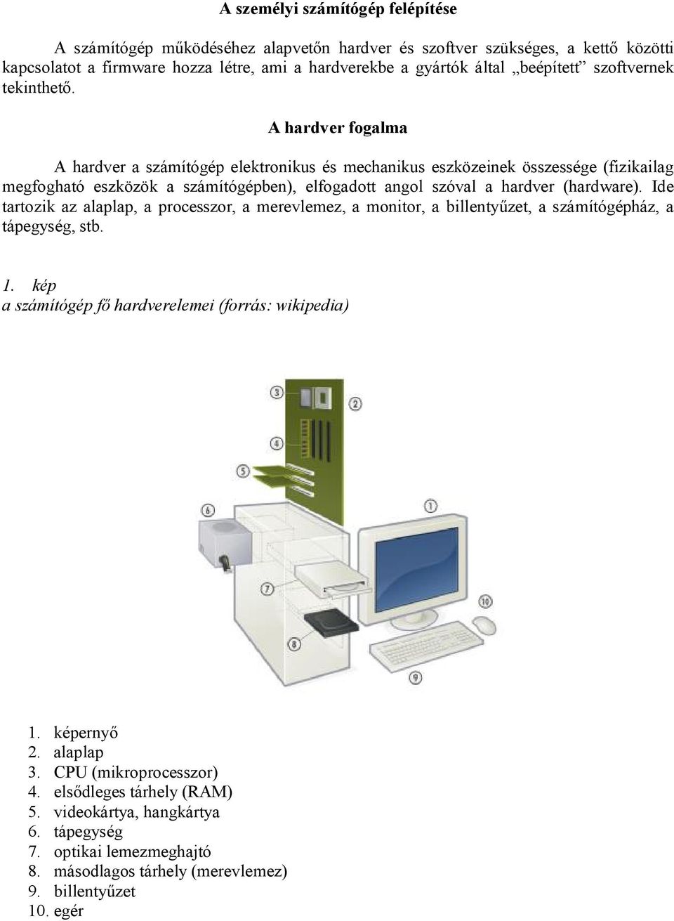 A hardver fogalma A hardver a számítógép elektronikus és mechanikus eszközeinek összessége (fizikailag megfogható eszközök a számítógépben), elfogadott angol szóval a hardver (hardware).