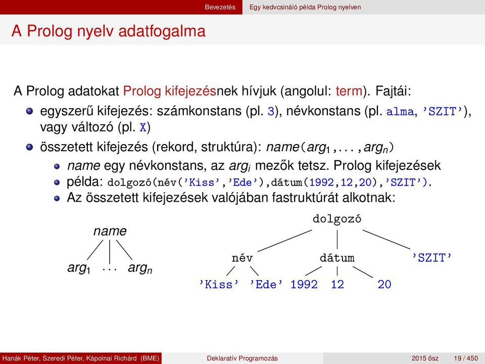 ..,arg n ) name egy névkonstans, az arg i mezők tetsz. Prolog kifejezések példa: dolgozó(név( Kiss, Ede ),dátum(1992,12,20), SZIT ).