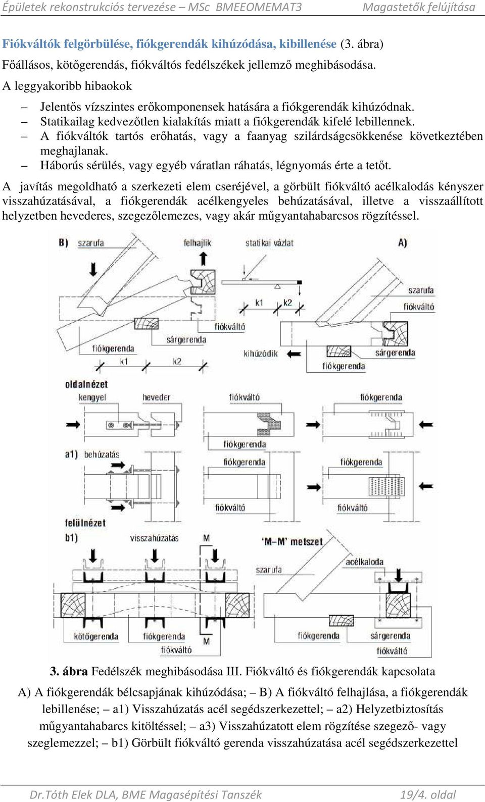 A fiókváltók tartós erıhatás, vagy a faanyag szilárdságcsökkenése következtében meghajlanak. Háborús sérülés, vagy egyéb váratlan ráhatás, légnyomás érte a tetıt.