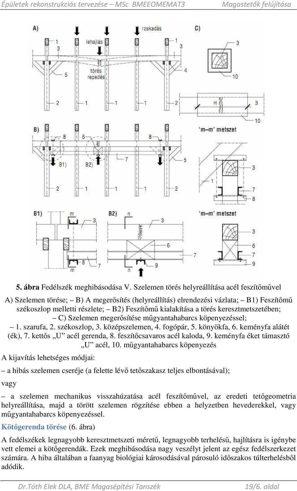 keresztmetszetében; C) Szelemen megerısítése mőgyantahabarcs köpenyezéssel; 1. szarufa, 2. székoszlop, 3. középszelemen, 4. fogópár, 5. könyökfa, 6. keményfa alátét (ék), 7. kettıs U acél gerenda, 8.