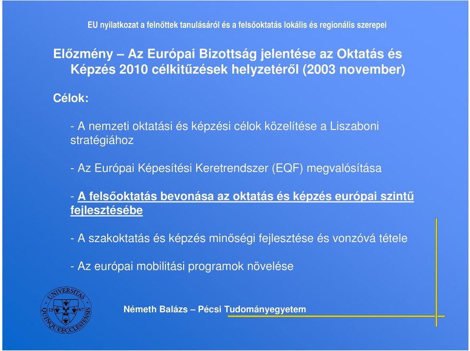 Keretrendszer (EQF) megvalósítása - A felsoktatás bevonása az oktatás és képzés európai szint