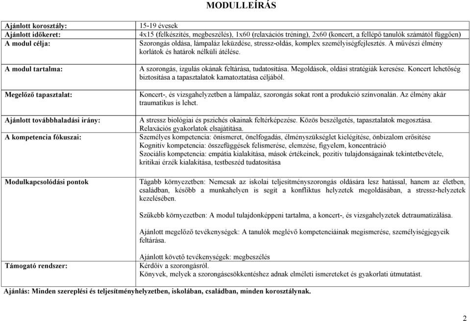 A művészi élmény korlátok és határok nélküli átélése. A szorongás, izgulás okának feltárása, tudatosítása. Megoldások, oldási stratégiák keresése.