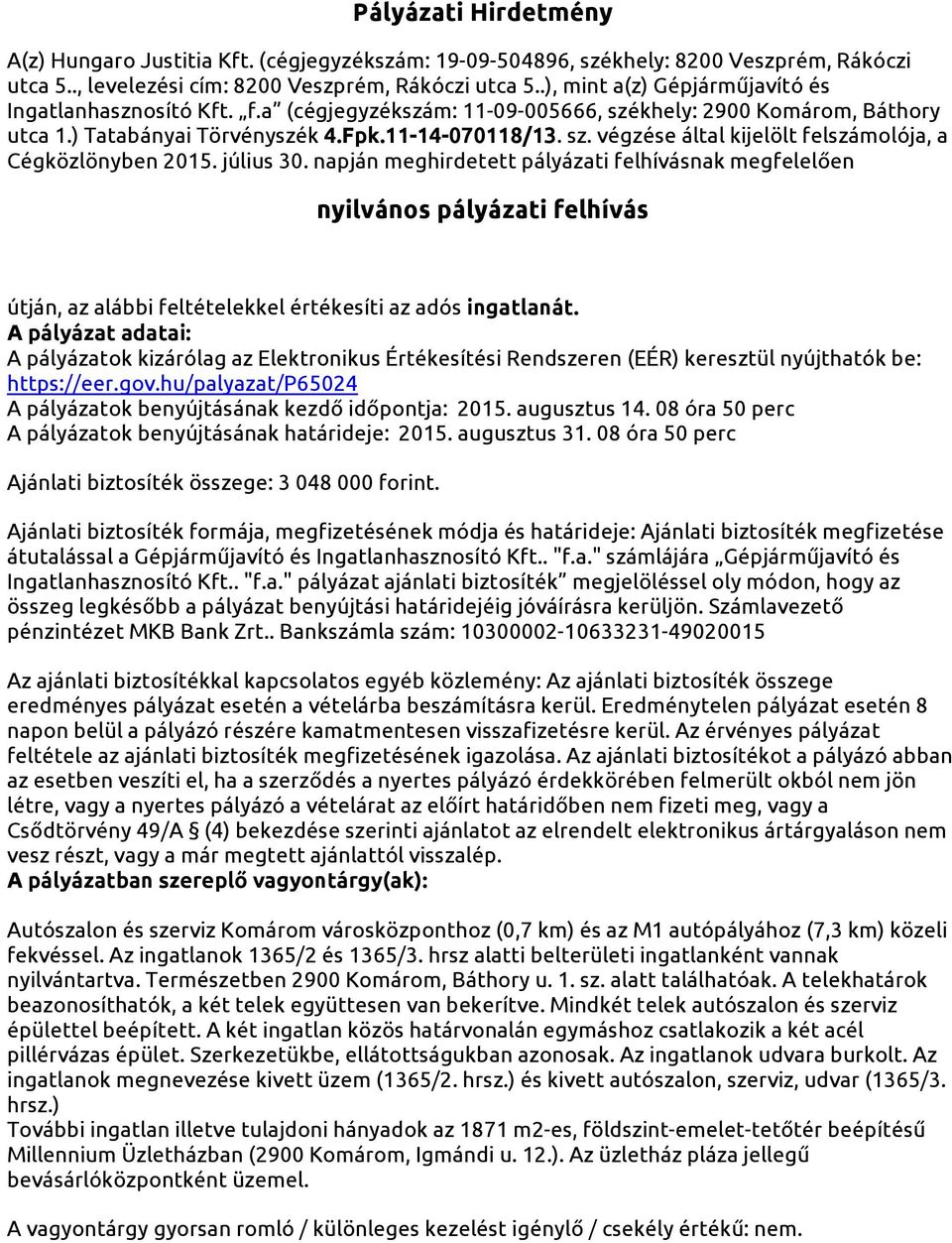 július 30. napján meghirdetett pályázati felhívásnak megfelelően nyilvános pályázati felhívás útján, az alábbi feltételekkel értékesíti az adós ingatlanát.