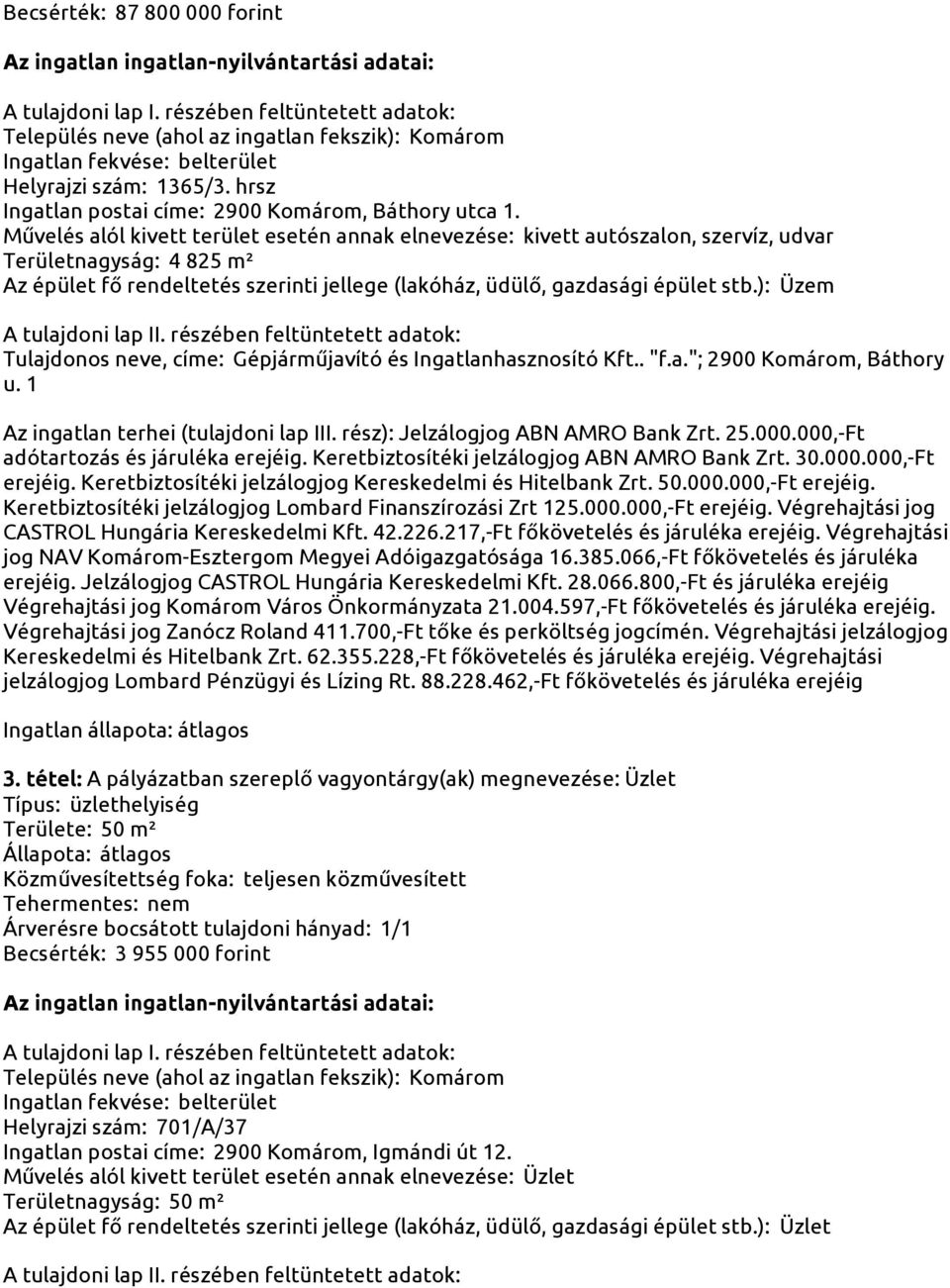 ): Üzem Az ingatlan terhei (tulajdoni lap III. rész): Jelzálogjog ABN AMRO Bank Zrt. 25.000.000,-Ft adótartozás és járuléka erejéig. Keretbiztosítéki jelzálogjog ABN AMRO Bank Zrt. 30.000.000,-Ft erejéig.