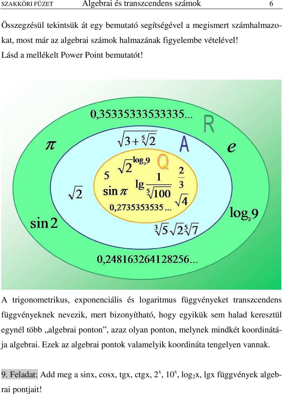 A trigonometrikus exponenciális és logaritmus függvényeket transzcenens függvényeknek nevezik mert bizonyítható hogy egyikük sem hala keresztül