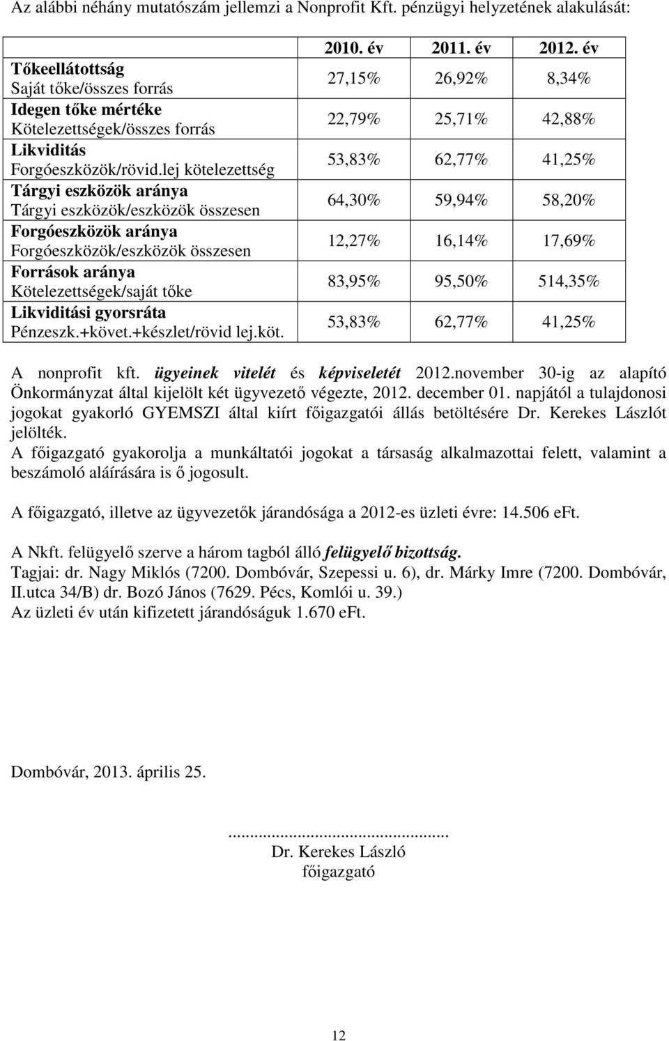 lej kötelezettség Tárgyi eszközök aránya Tárgyi eszközök/eszközök összesen Forgóeszközök aránya Forgóeszközök/eszközök összesen Források aránya Kötelezettségek/saját tıke Likviditási gyorsráta