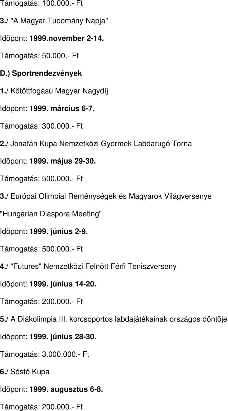 / Európai Olimpiai Reménységek és Magyarok Világversenye "Hungarian Diaspora Meeting" Idõpont: 1999. június 2-9. Támogatás: 500.000.- Ft 4.