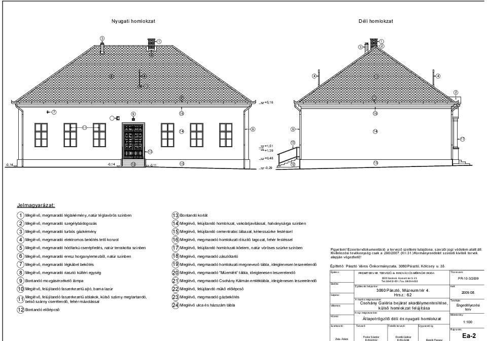 7 PR-0-/009 Nyugati homlokzat Déli homlokzat Meglévő, megmaradó téglakémény, natúr téglavörös színben Bontandó korlát Meglévő, megmaradó szegélybádogozás Meglévő, megmaradó turbós gázkémény Meglévő,