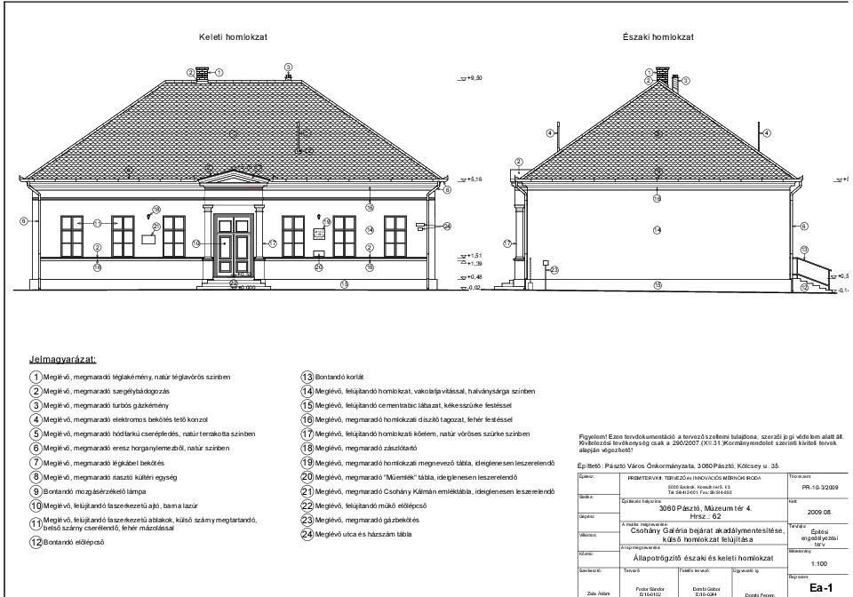 PR-0-/009 Építési engedélyezési +5, -0, Keleti homlokzat Északi homlokzat Meglévő, megmaradó téglakémény, natúr téglavörös színben Meglévő, megmaradó szegélybádogozás Meglévő, megmaradó turbós