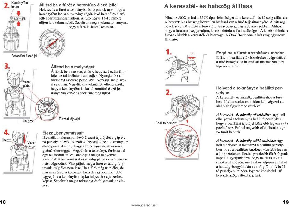 A keresztél- és hátszög állítása Mind az 500X, mind a 750X típus lehetıséget ad a keresztél- és hátszög állítására. A keresztél- és hátszög közvetlen hatással van a fúró teljesítményére.