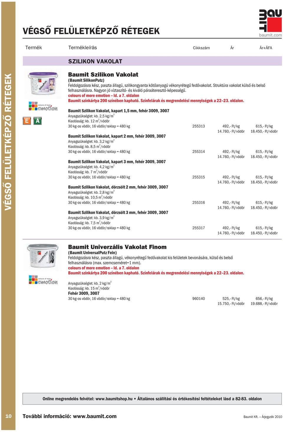 Színfelárak és megrendelési mennyiségek a 22 23. oldalon. Baumit Szilikon Vakolat, kapart 1,5 mm, fehér 3009, 3007 Anyagszükséglet: kb. 2,5 kg/m 2 Kiadósság: kb.
