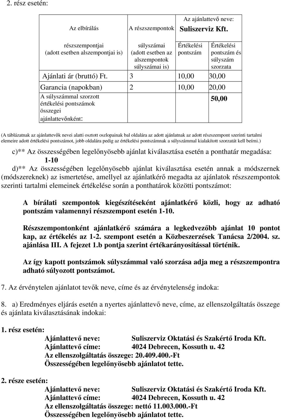 3 10,00 30,00 Garancia (napokban) 2 10,00 20,00 A súlyszámmal szorzott értékelési pontszámok összegei ajánlattevınként: pontszám és súlyszám szorzata 50,00 (A táblázatnak az ajánlattevık nevei alatti