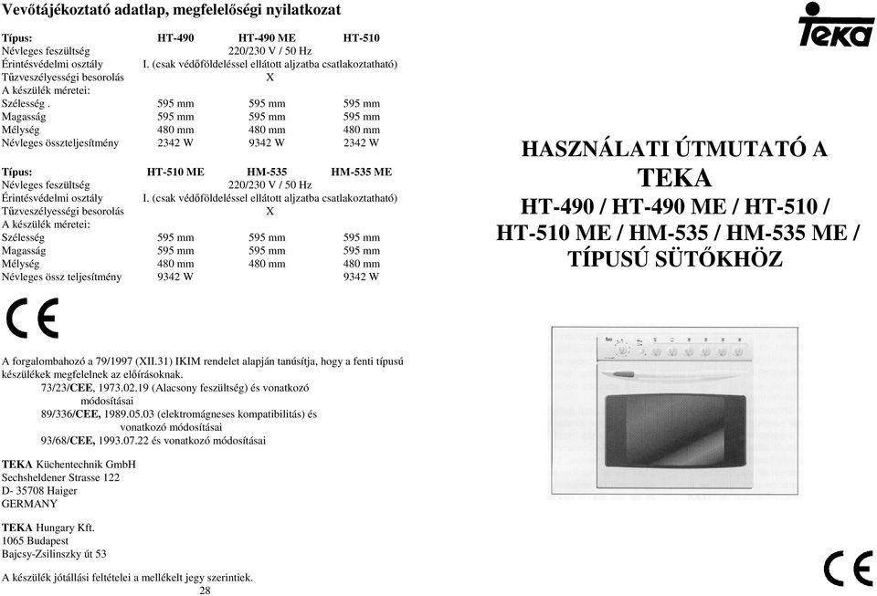 HASZNÁLATI ÚTMUTATÓ A TEKA HT-490 / HT-490 ME / HT-510 / HT-510 ME / HM-535  / HM-535 ME / TÍPUSÚ SÜTİKHÖZ - PDF Ingyenes letöltés