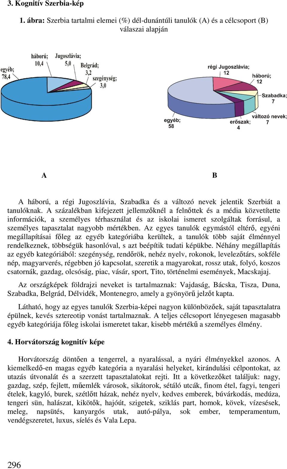 A százalékban kifejezett jellemzıknél a felnıttek és a média közvetítette információk, a személyes térhasználat és az iskolai ismeret szolgáltak forrásul, a személyes tapasztalat nagyobb mértékben.